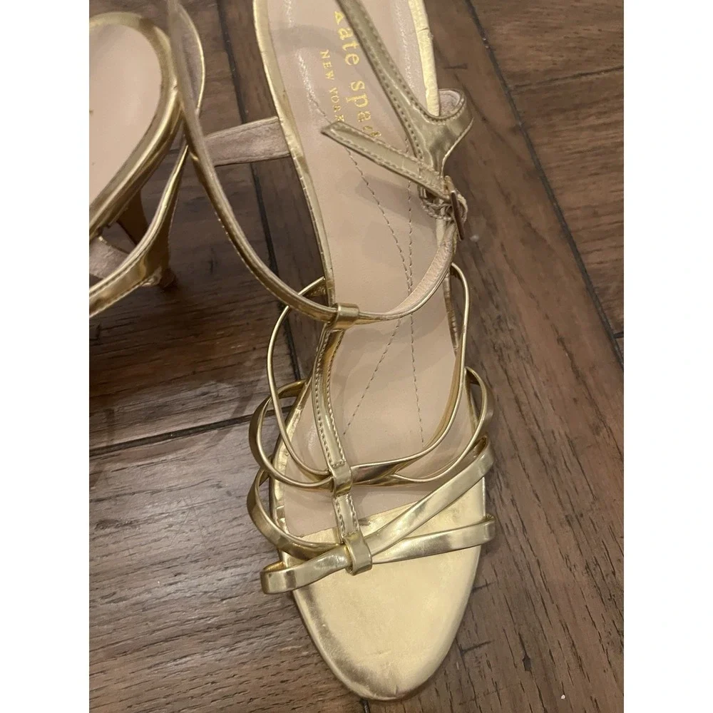 KATE SPADE Women's Sz 8.5 B Metallic Gold Leather Ankle Strap Pumps Heel Sandals
